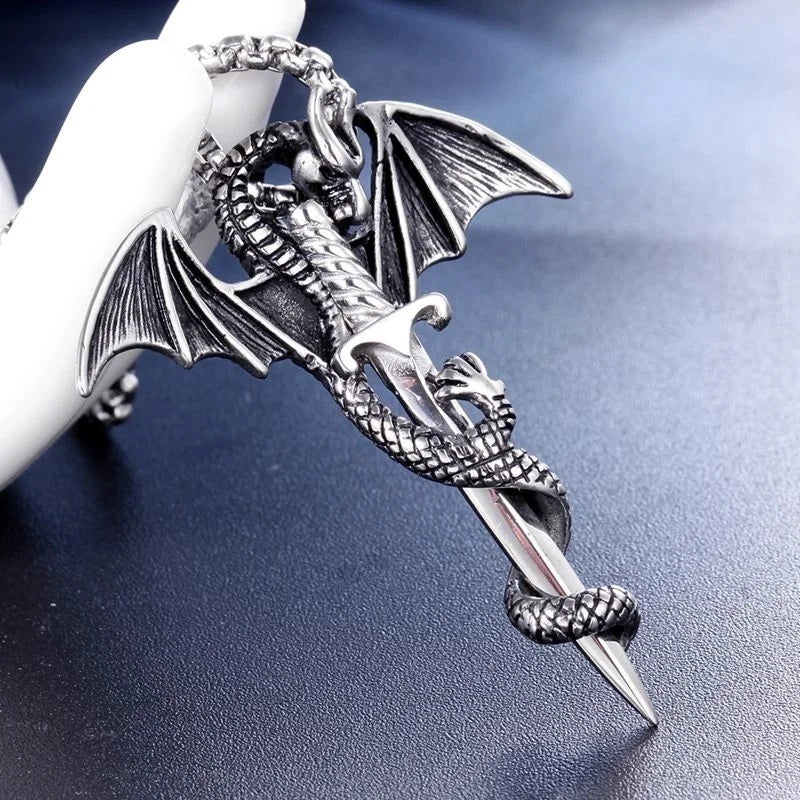 Retro Viking Pterodactyl & Dragon Sword Pendant – Bold Men’s Necklace for Parties & Adventure