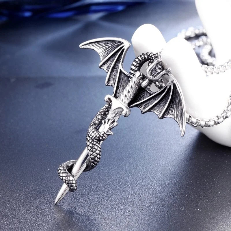 Retro Viking Pterodactyl & Dragon Sword Pendant – Bold Men’s Necklace for Parties & Adventure