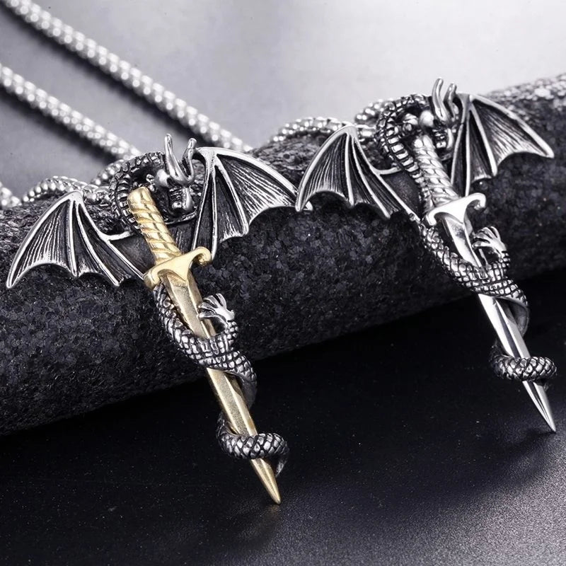 Retro Viking Pterodactyl & Dragon Sword Pendant – Bold Men’s Necklace for Parties & Adventure