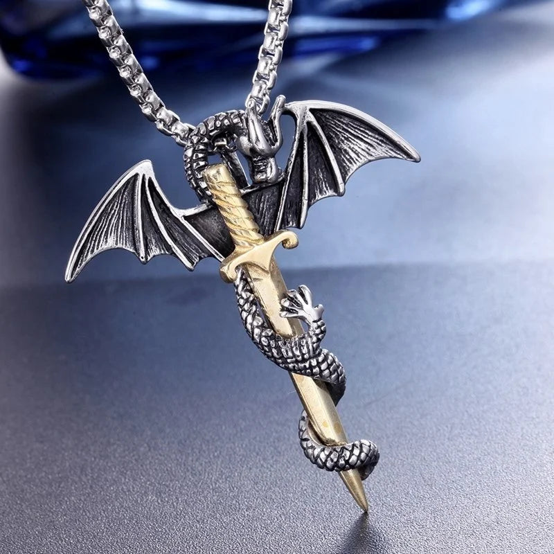 Retro Viking Pterodactyl & Dragon Sword Pendant – Bold Men’s Necklace for Parties & Adventure