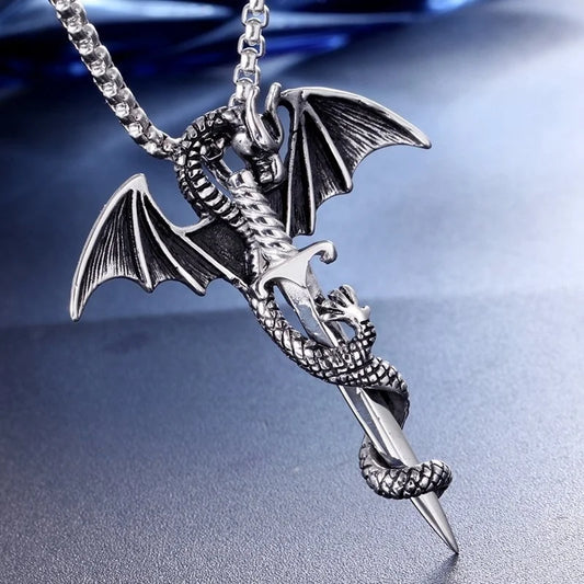 Retro Viking Pterodactyl & Dragon Sword Pendant – Bold Men’s Necklace for Parties & Adventure
